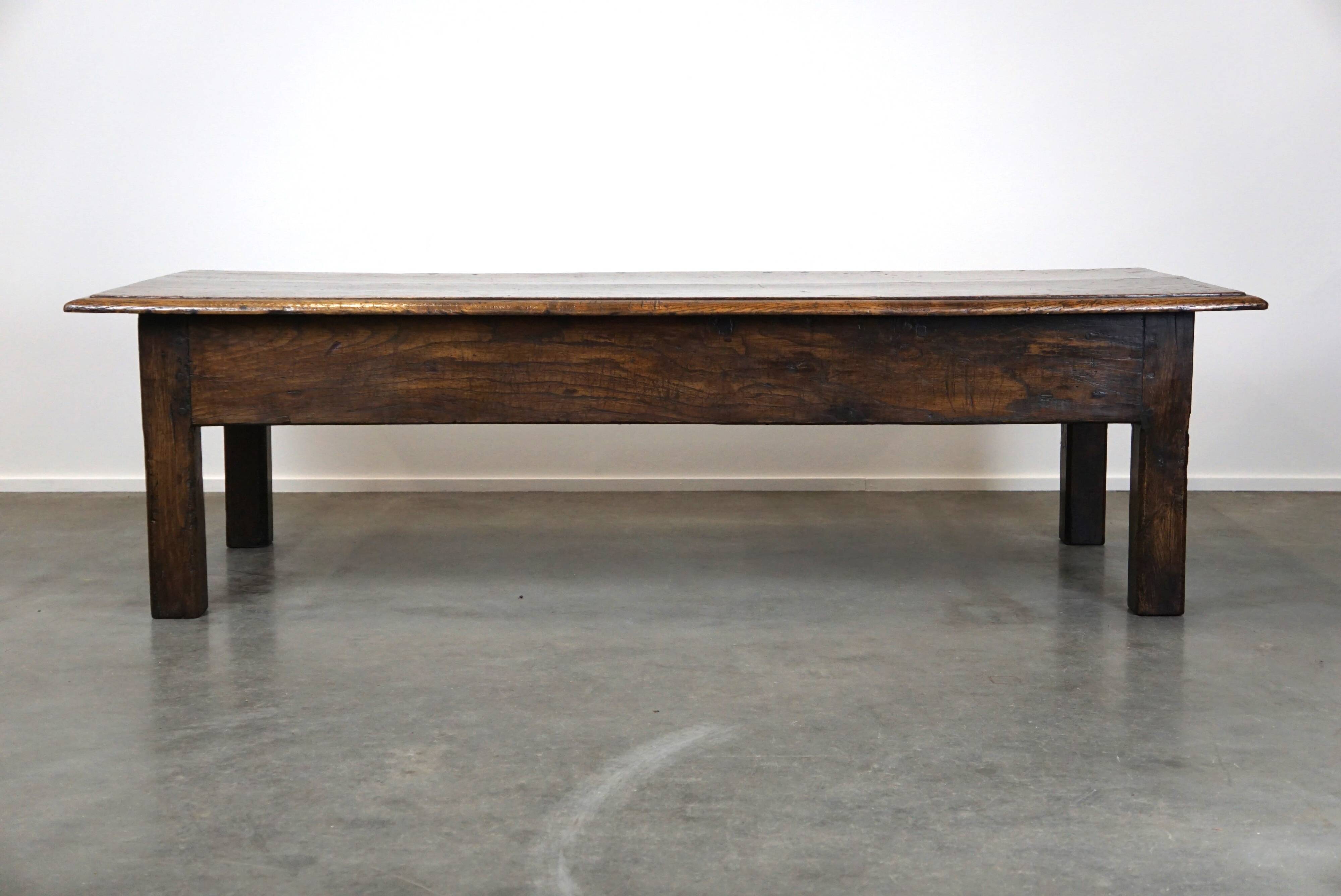 Large antique dark oak coffee table with one drawer