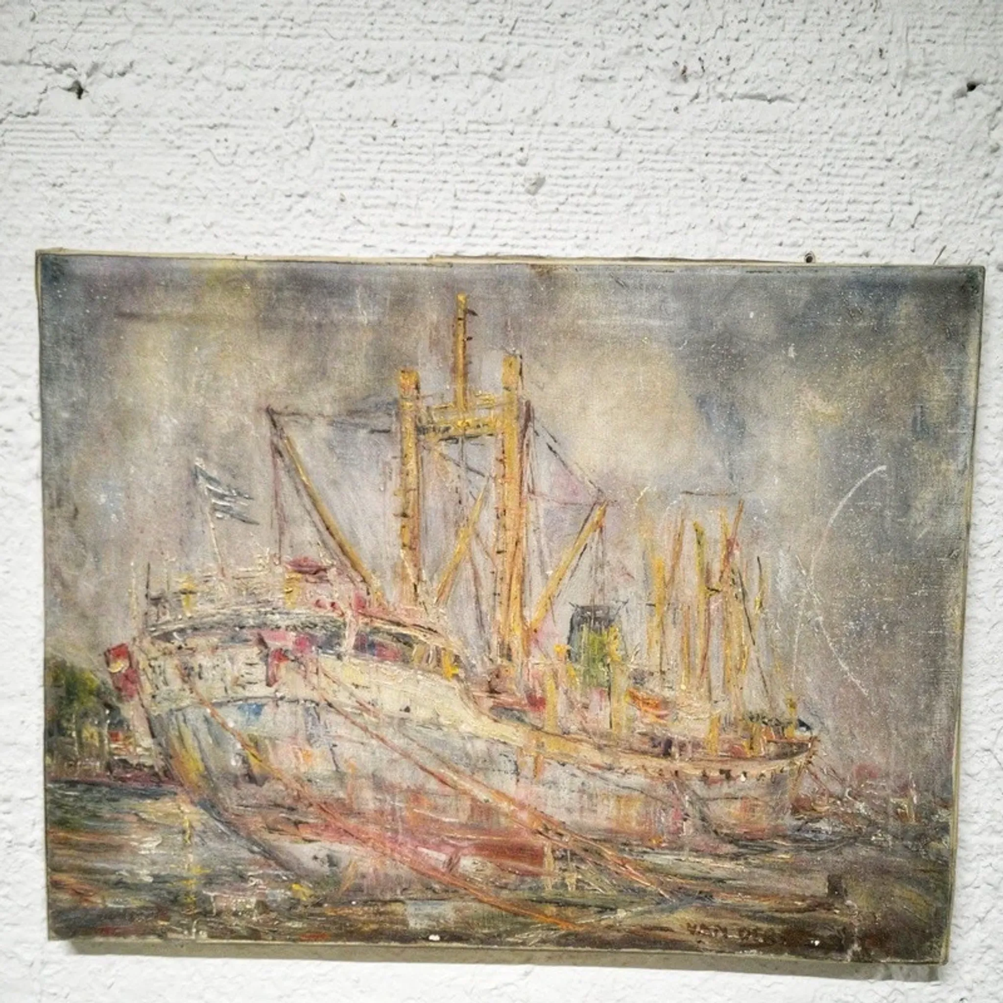 Vintage oil painting of marine cargo at the quay.