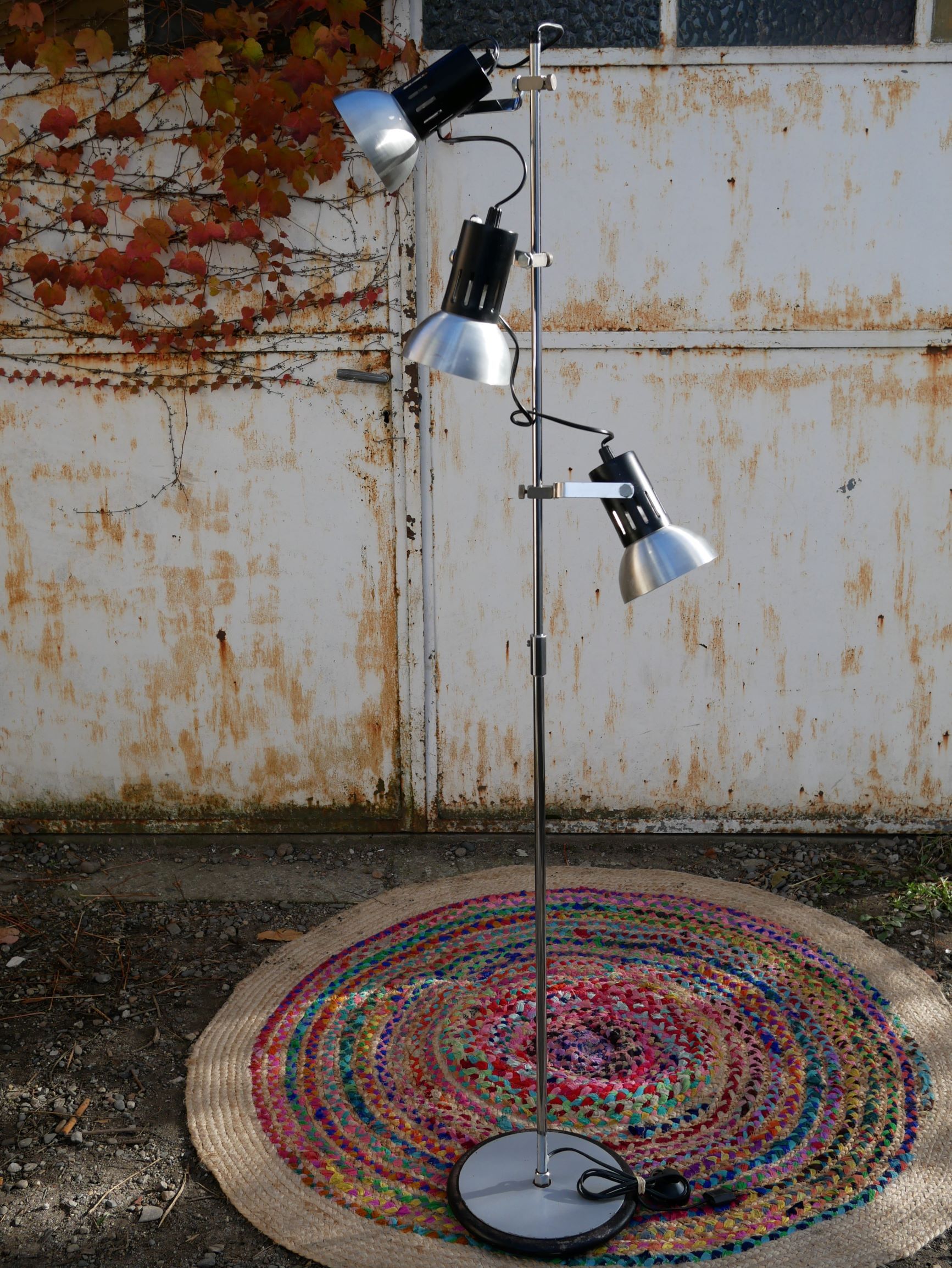 Floor lamp in metal chrome with 3 spotlights, 70s