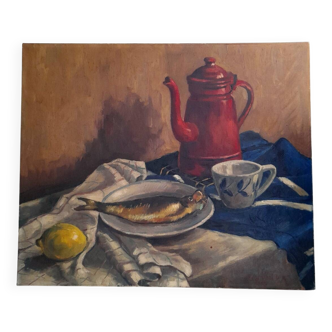 Still life with fish, oil on canvas