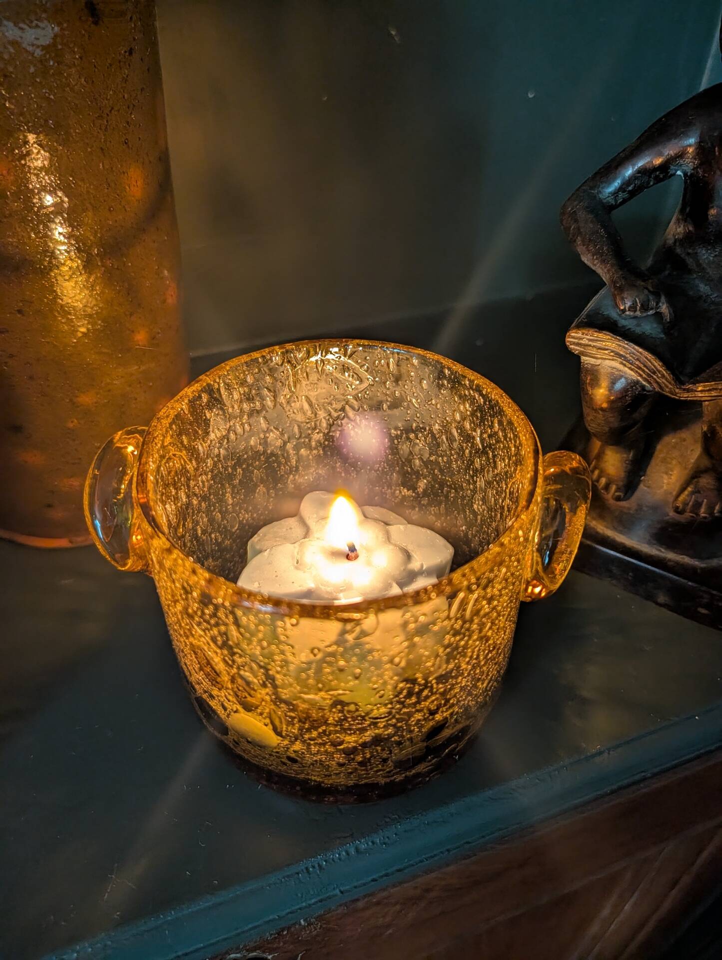Small vase or amber bubbled glass tealight holder