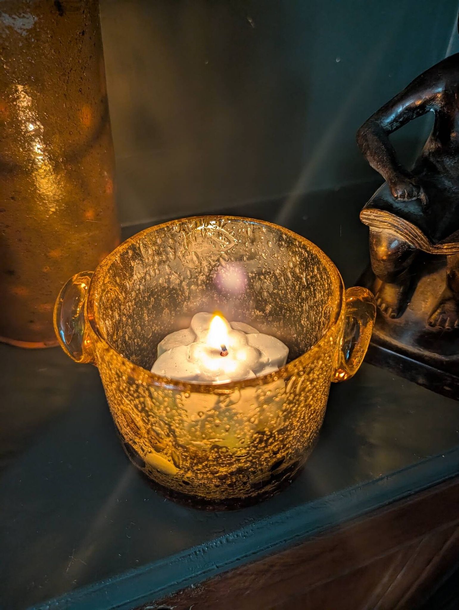 Small vase or amber bubbled glass tealight holder