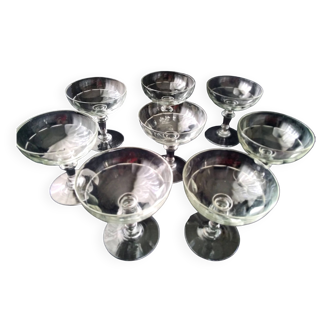 8 old glass champagne glasses