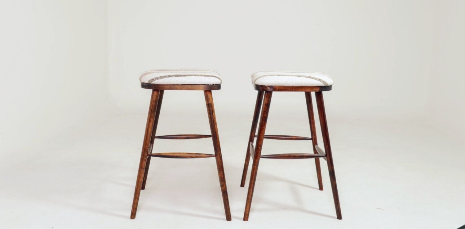 Rustic Beech Bar Stools – Striped Jacquard Fabric