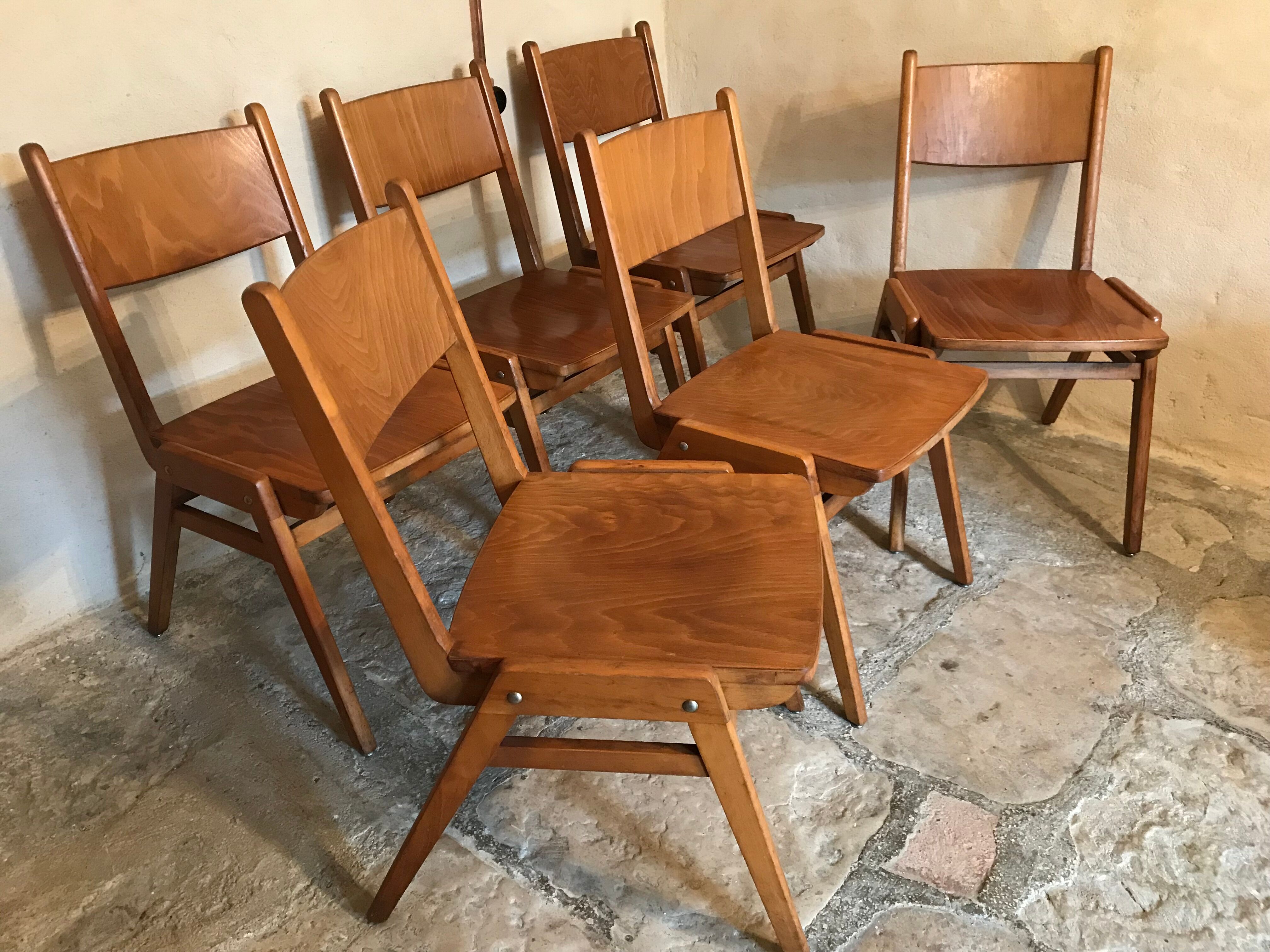 Set of 6 vintage wooden stackable chairs compass legs Germany 1960's