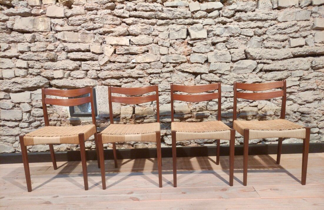 Set of 4 Scandinavian teak and rope chairs from the 60s