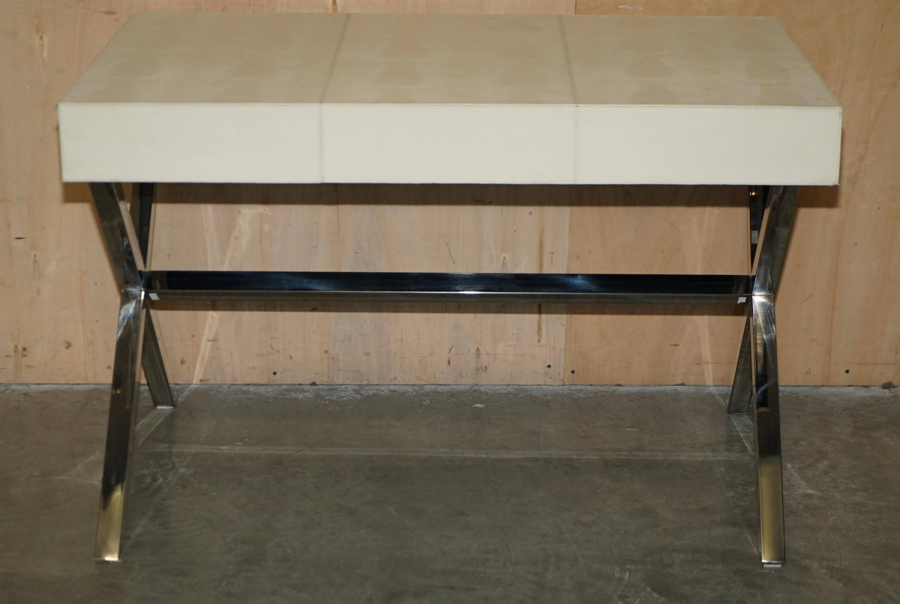 Vintage writing desk with chrome X-shaped top and patinated crocodile leather.