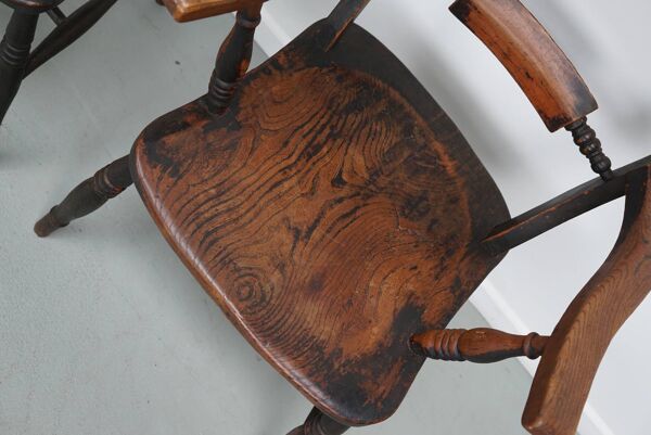 Paire de chaises Oxford anciennes, Windsor, dossier à lattes, fauteuil, orme, XIXe siècle