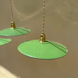 Trio of vintage suspension in green and white enamelled sheet metal indus old farm