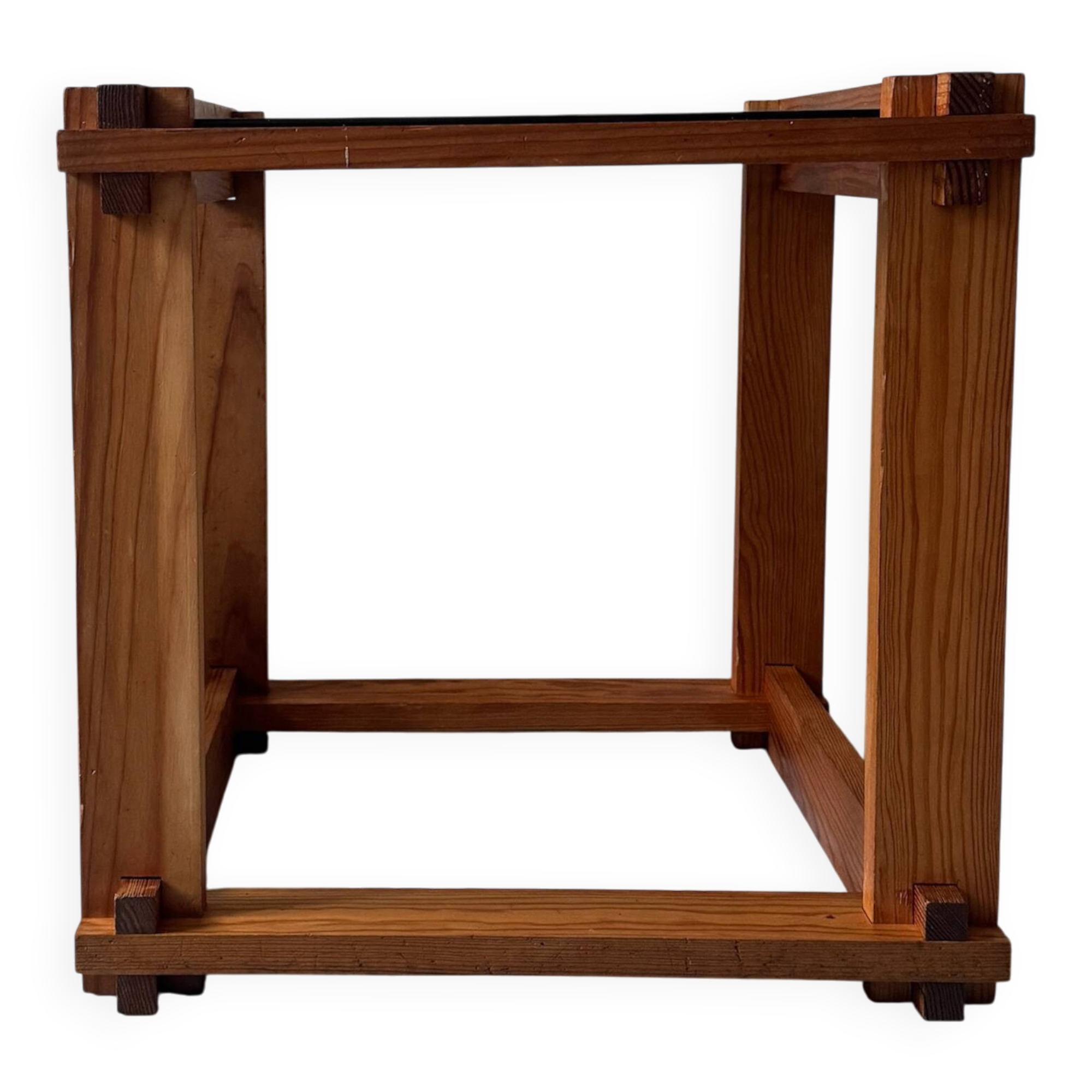 Modernist side table/nightstand in pine wood & smoked glass, 1970s design.