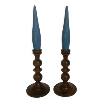 Pair of old candlesticks wood candles dummy blue wood