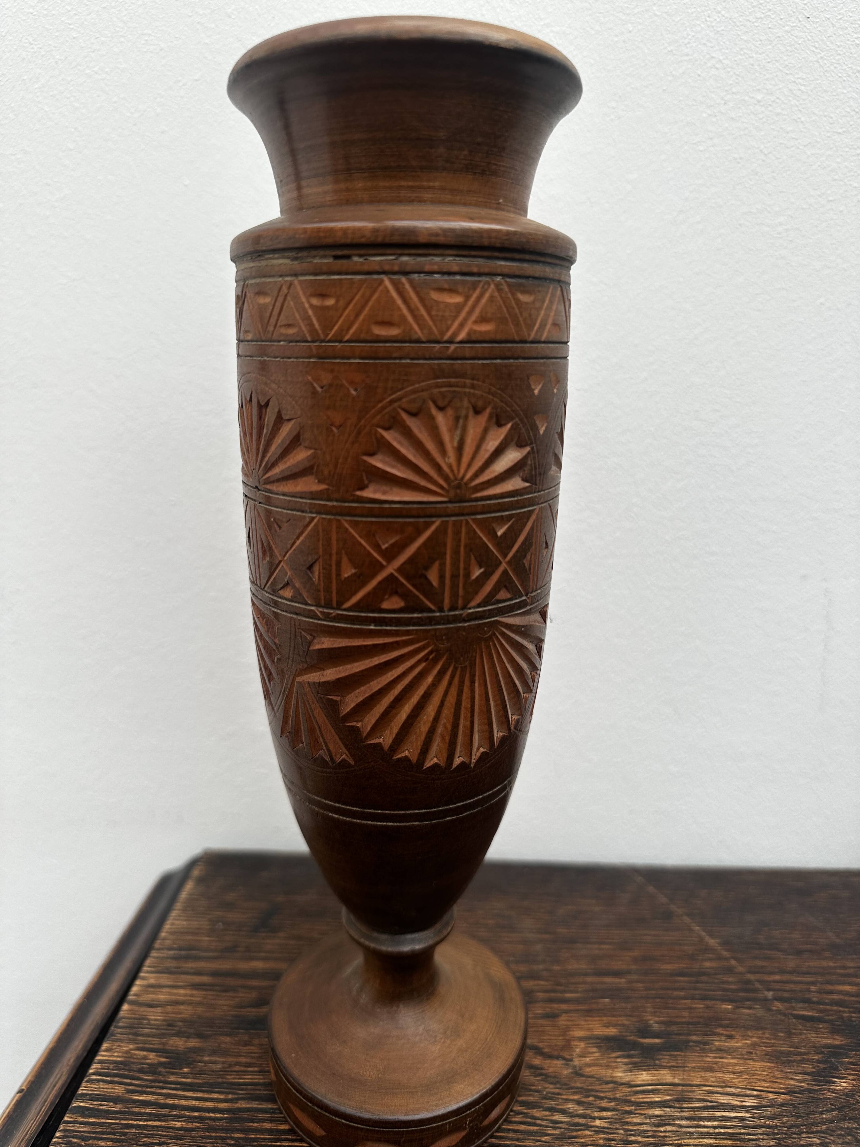 Turned and carved wooden vase, mid-20th century