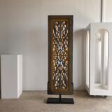 Rectangular Indonesian construction element with blue and yellow plant in carved wood