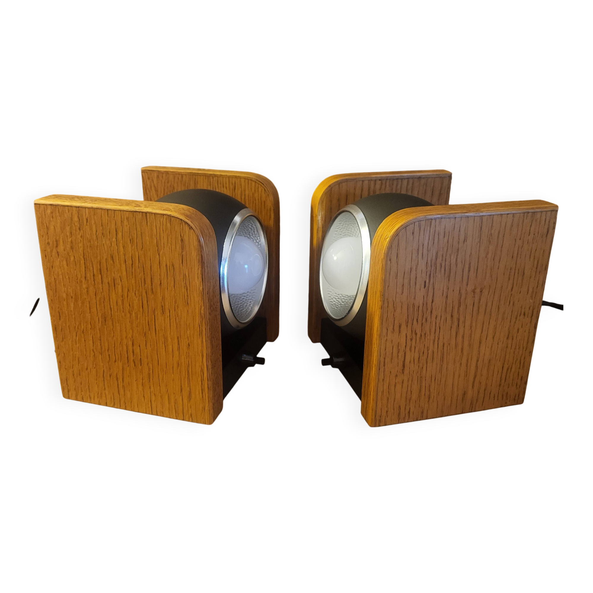 2 white eye lamps, wood, metal, vintage, Germany