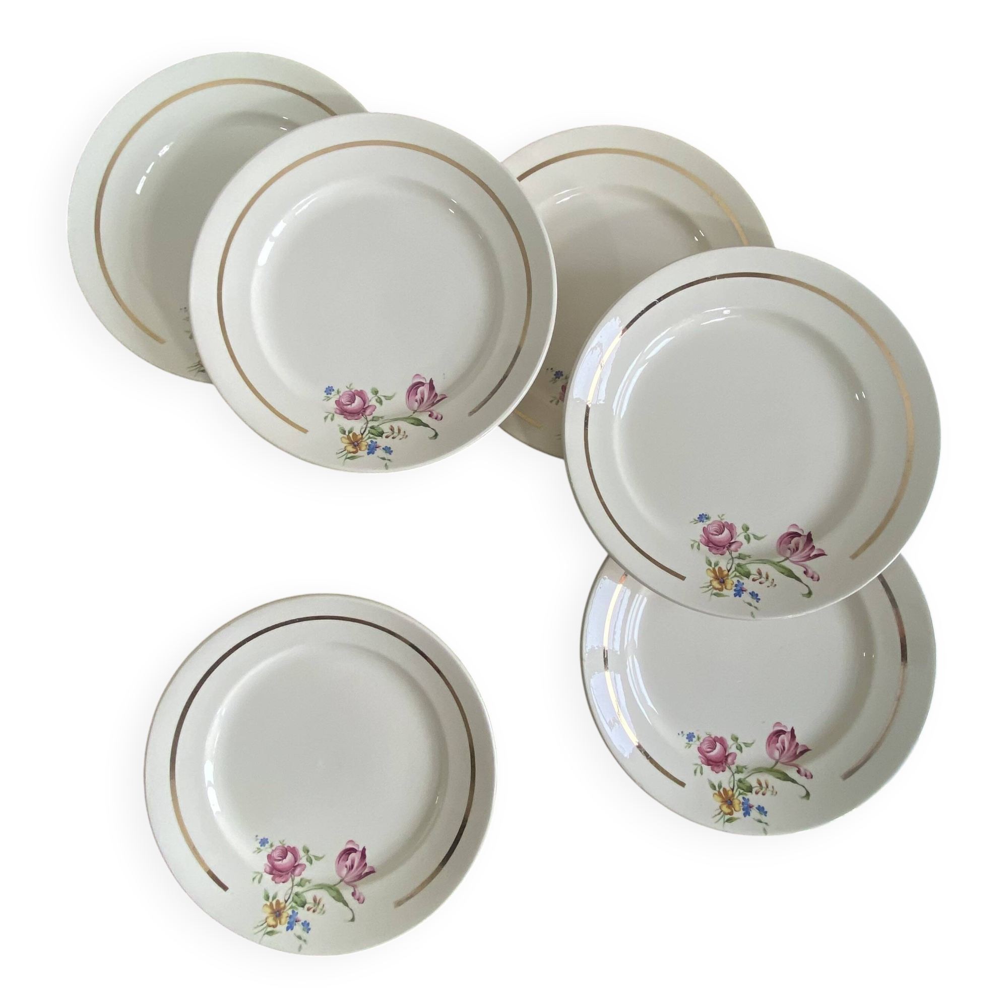 6 antique Badonviller faience dessert plates with flowers and gilding.