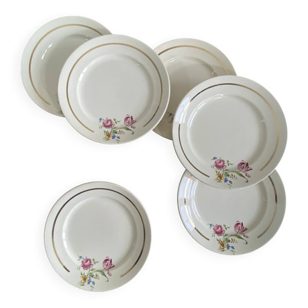 6 assiettes dessert faïence ancienne Badonviller fleurs et dorure