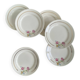 6 antique Badonviller faience dessert plates with flowers and gilding.