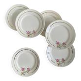 6 antique Badonviller faience dessert plates with flowers and gilding.