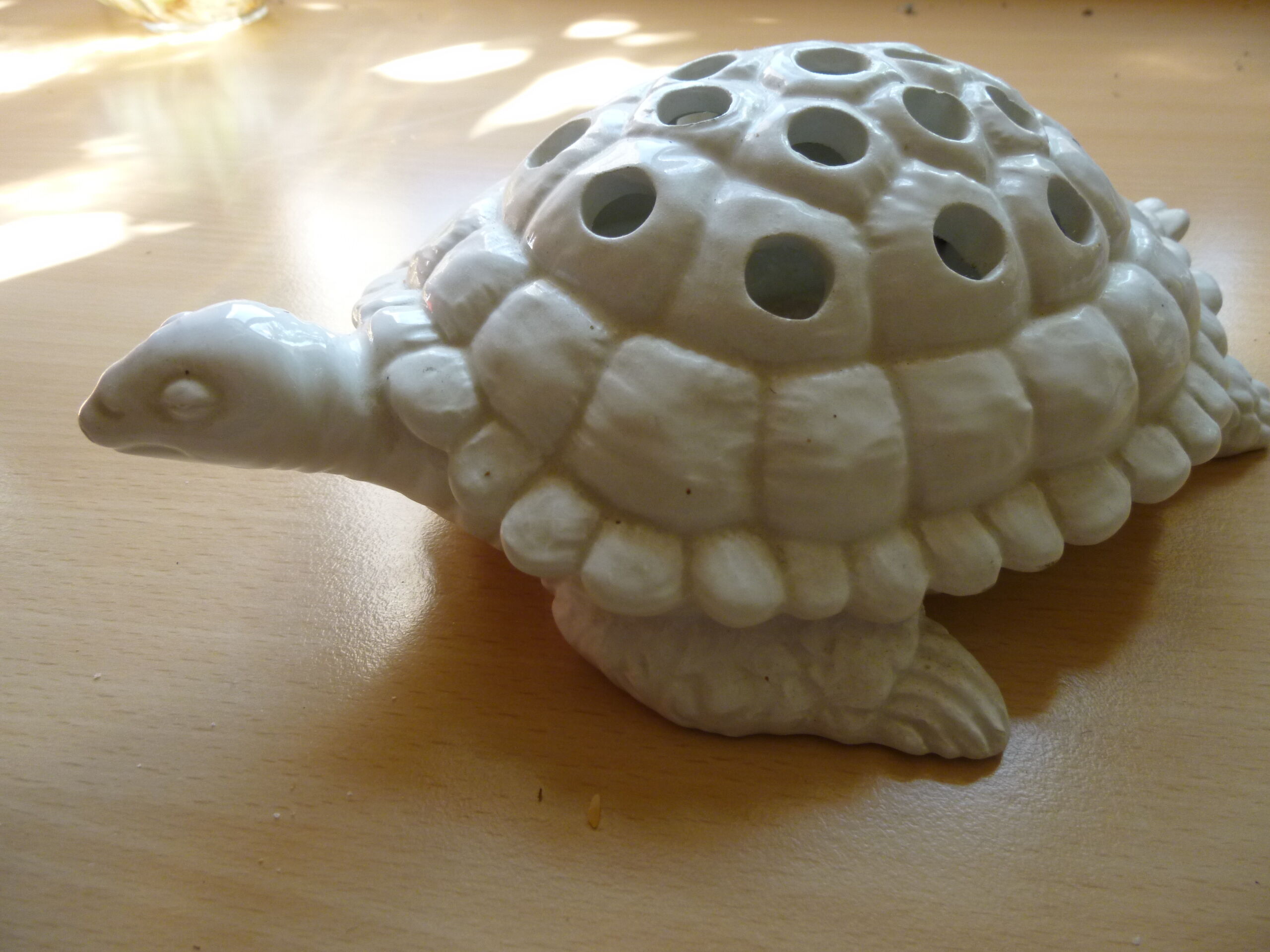 Pique flowers turtle in glazed white ceramic