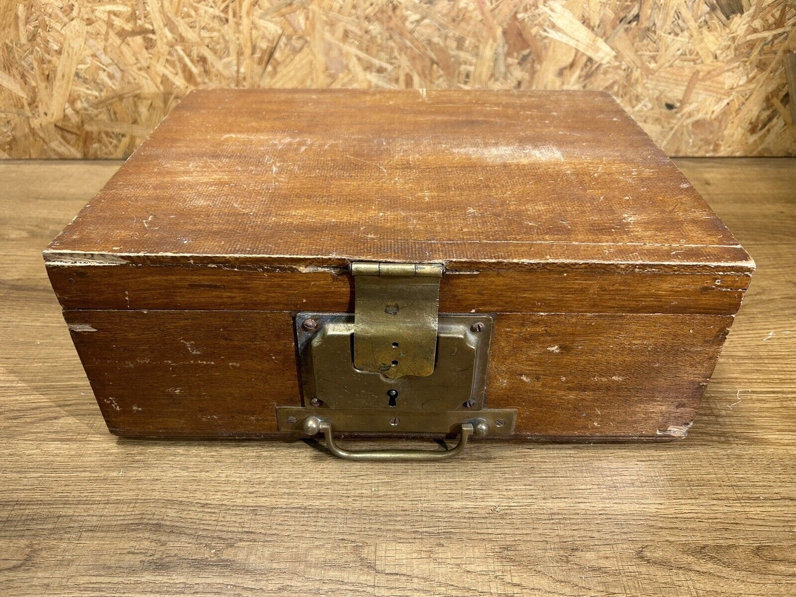 Old wood and brass box, decoration loft workshop, furniture of trades