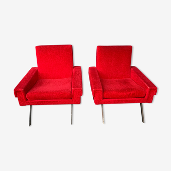 Pair of armchairs fabric buckle red 1960s