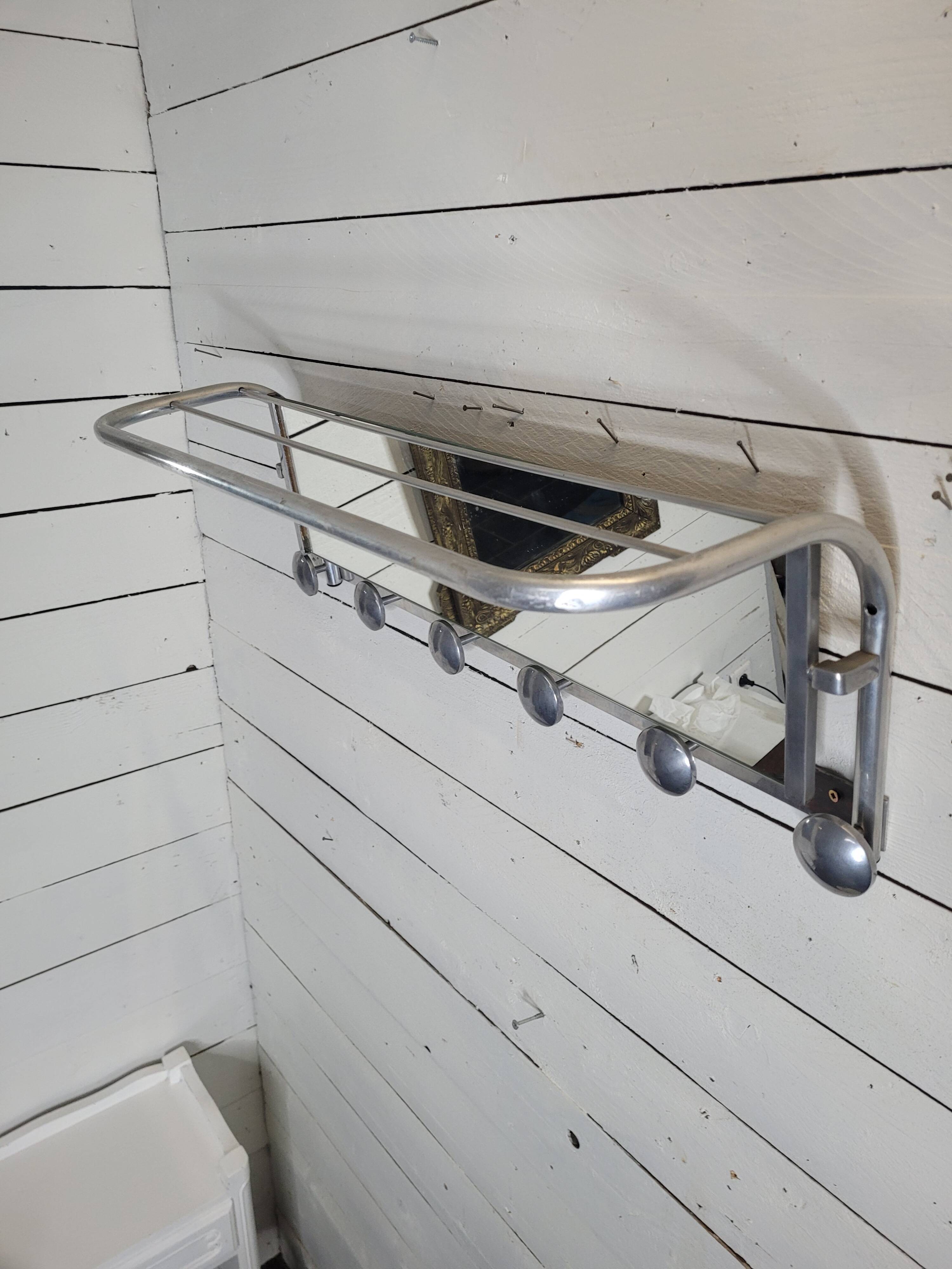 Aluminum wall coat rack with pivoting mirror from the 60s