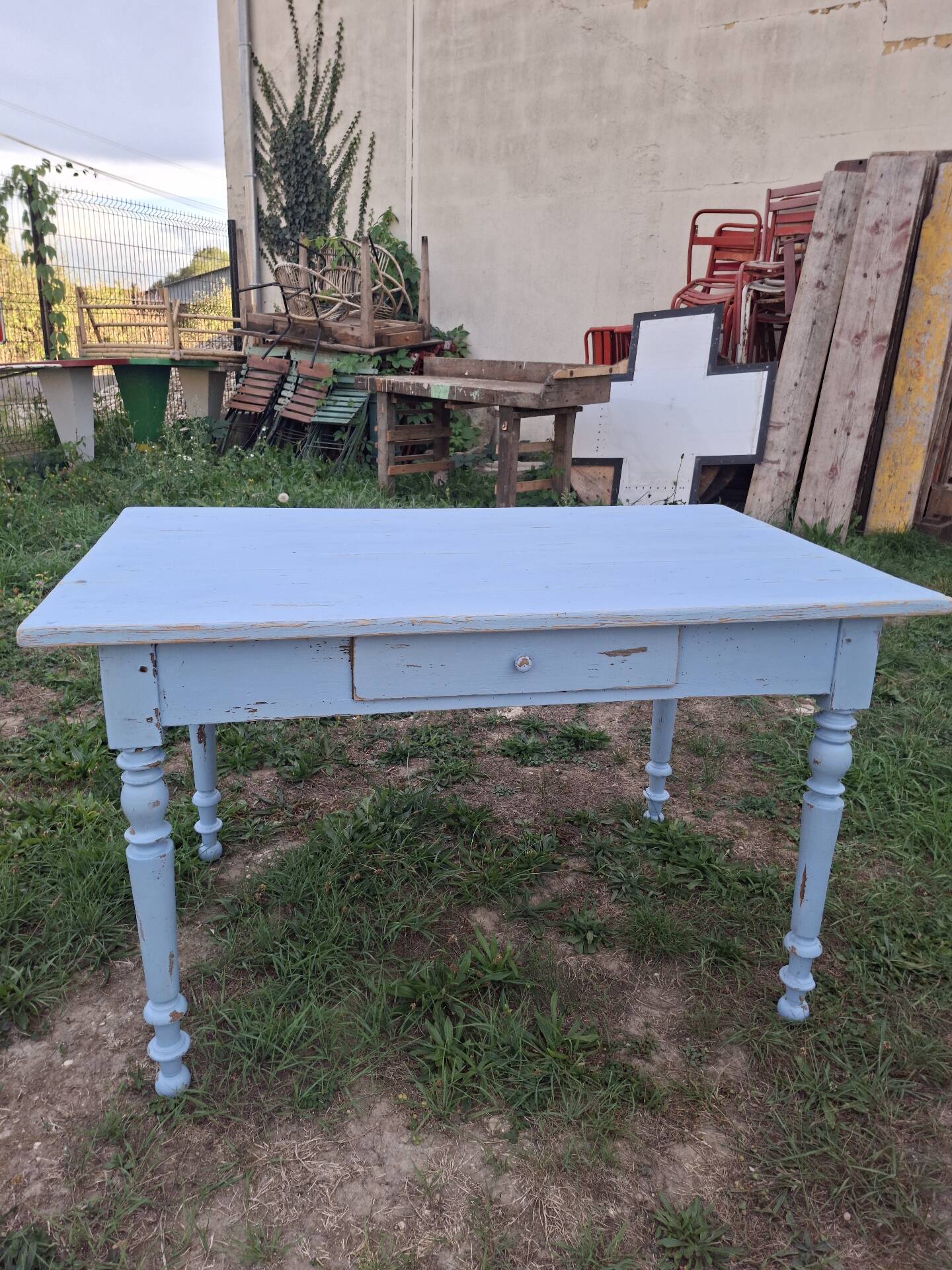 Old patinated blue bistro farmhouse table - 1.2m