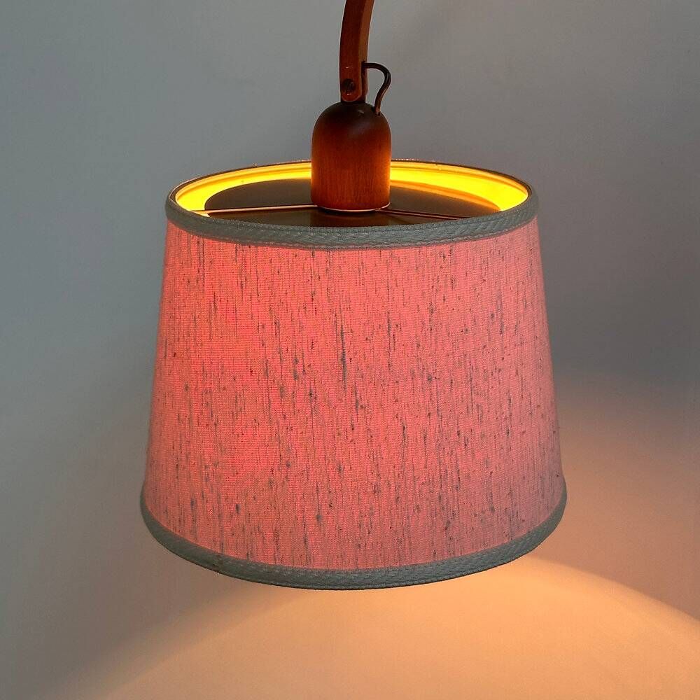 Mid-century modern adjustable teak arc floor lamp with fabric shade, 1960s