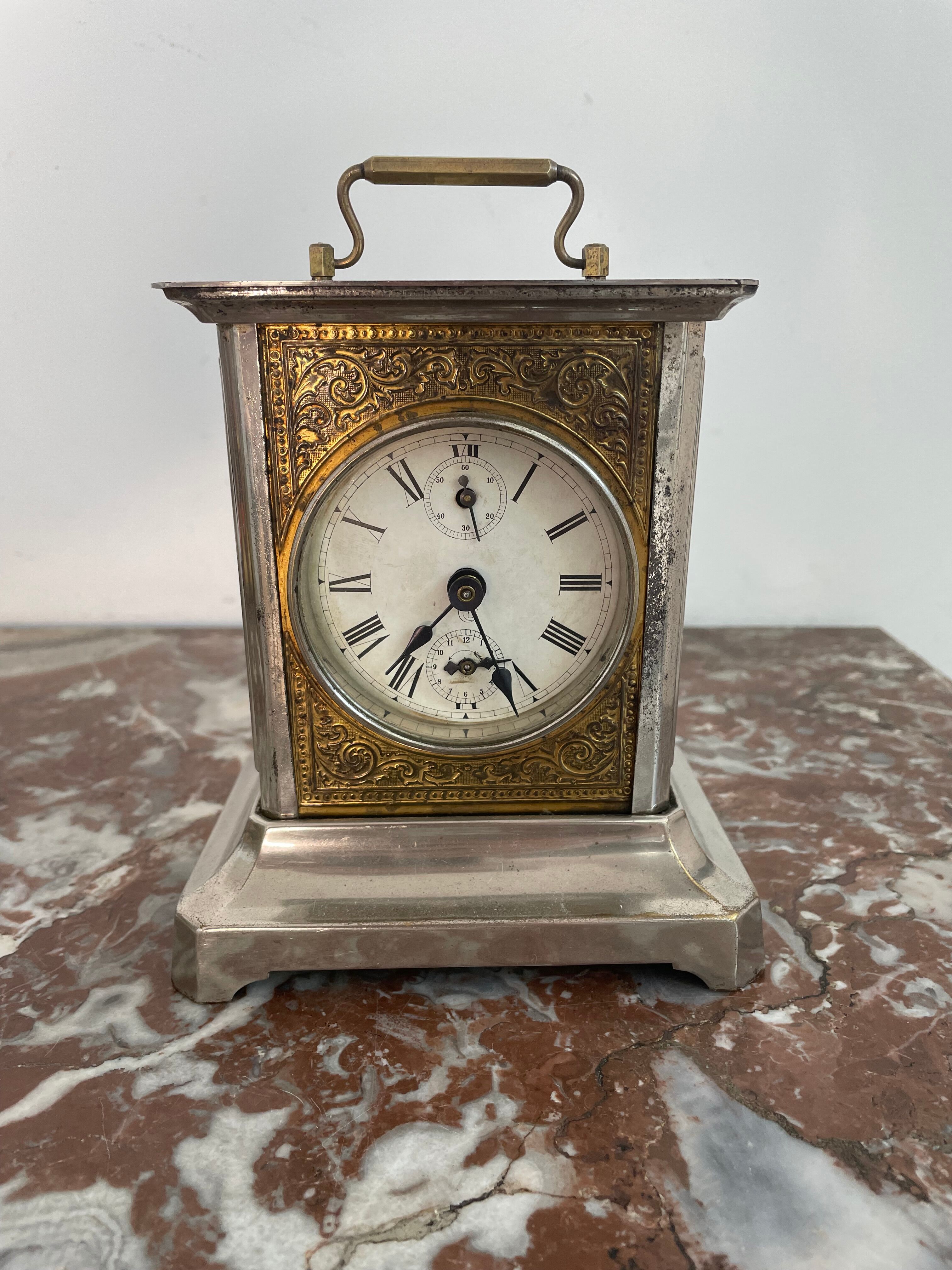 Horloge, pendule d'officier, laiton, pendule voyage, réveil, cadran, vitres latérales, restaurée
