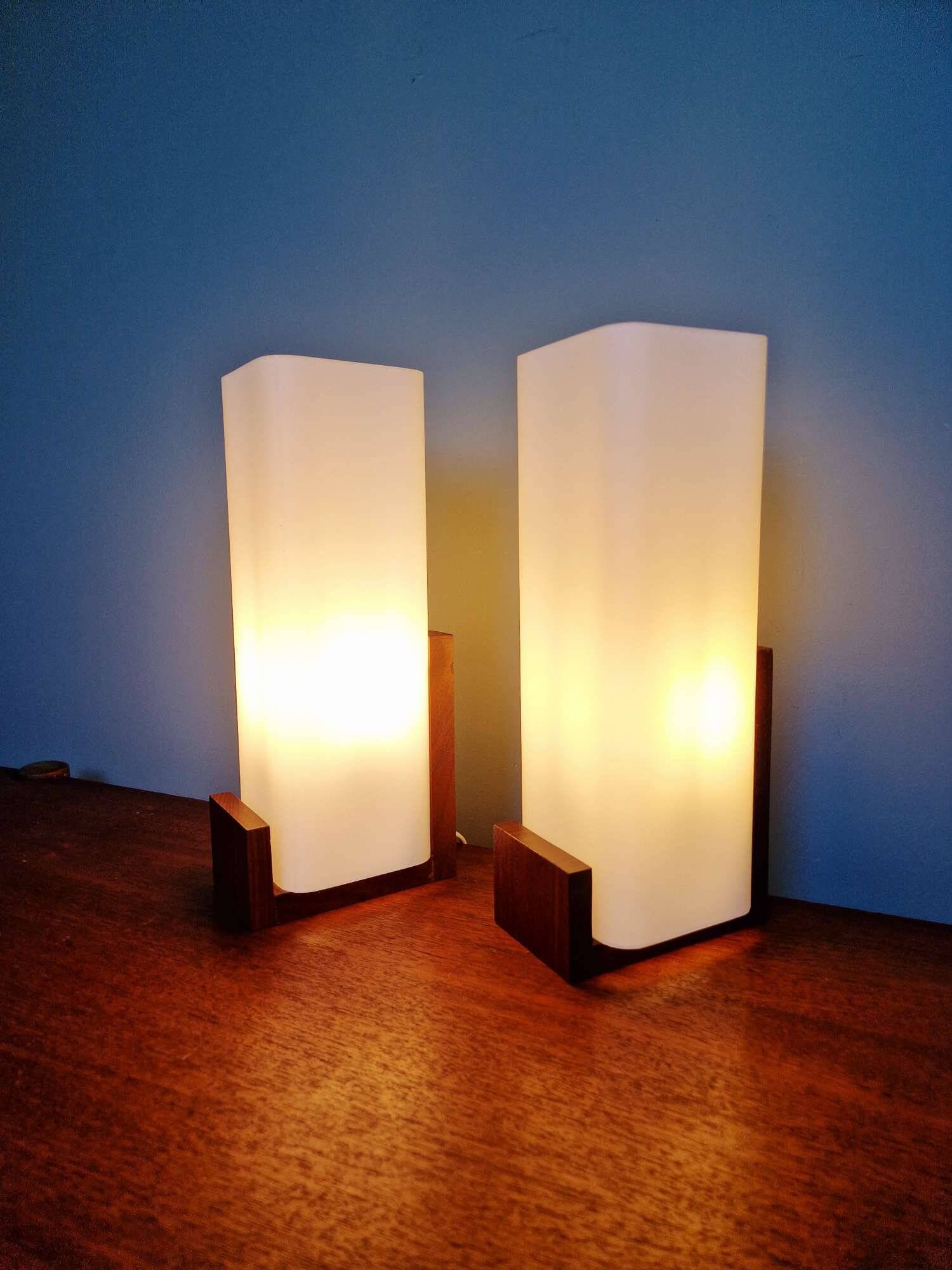 Pair of teak and white opaline wall lights, designed by Louis Kalff, 1960
