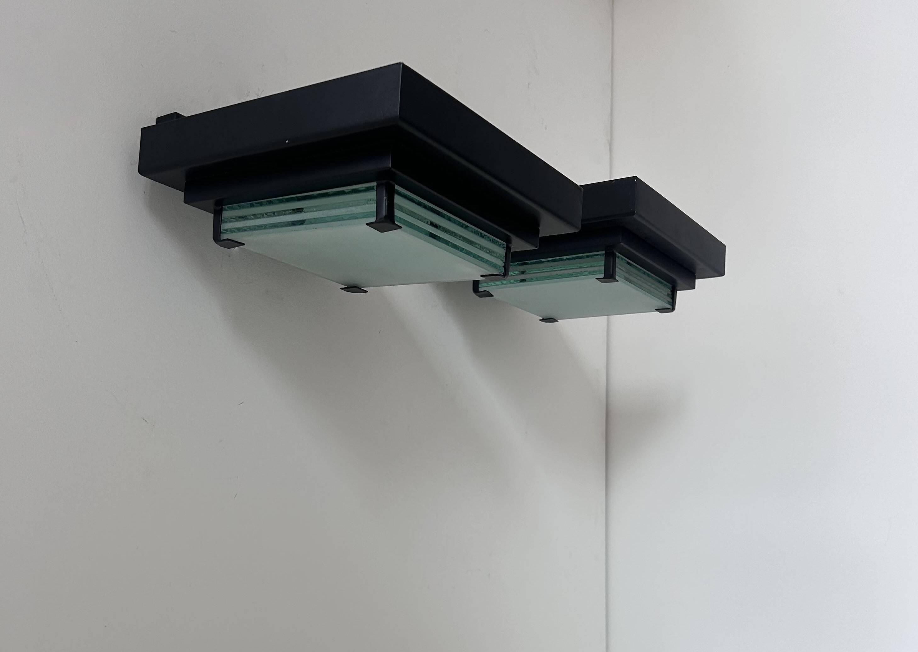 Pair of vintage post modernist wall lights, glass and sandblasted glass, France 1980