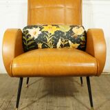 Italian armchair imitation leather camel & its cushion 1960
