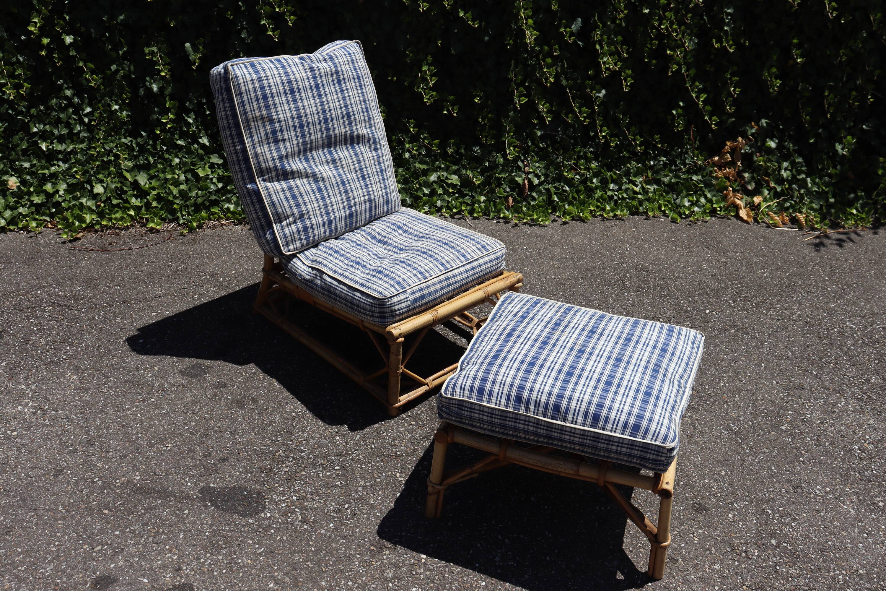 Rattan armchair and its footrest by Audoux & Minet 1950