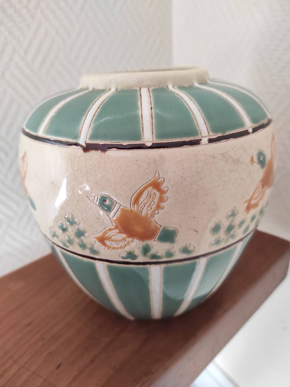 Vase boule céramique cloisonnée décor canards sauvages
