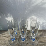 6 clear champagne flutes with blue stems, designer style
