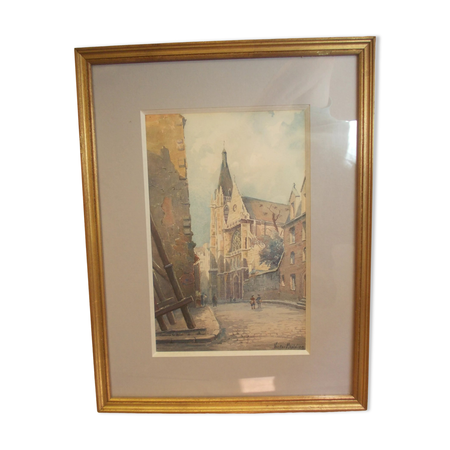 WATERCOLOR 1930 signed VICTOR MAUNIER : PARIS rue des Prêtres Saint Séverin Latin Quarter, 75, frame