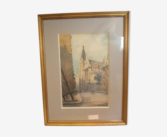 Aquarelle 1930 signée Victor Maunier, Paris rue des prêtres saint séverin quartier latin, 75, cadre