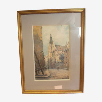 WATERCOLOR 1930 signed VICTOR MAUNIER : PARIS rue des Prêtres Saint Séverin Latin Quarter, 75, frame