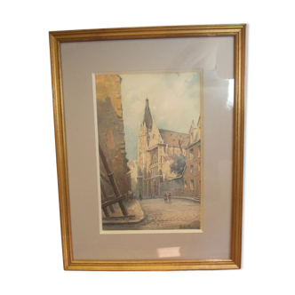 WATERCOLOR 1930 signed VICTOR MAUNIER : PARIS rue des Prêtres Saint Séverin Latin Quarter, 75, frame