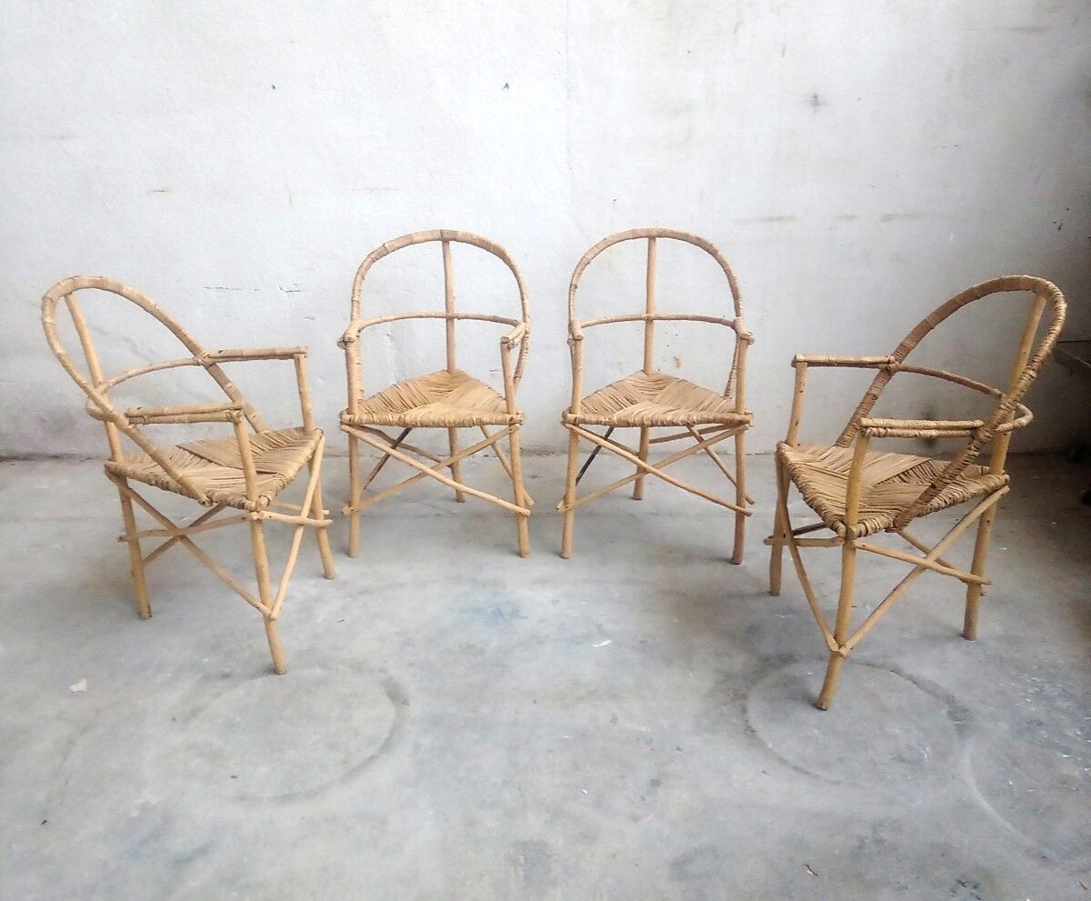 Set of 4 armchairs vintage wood and rattan