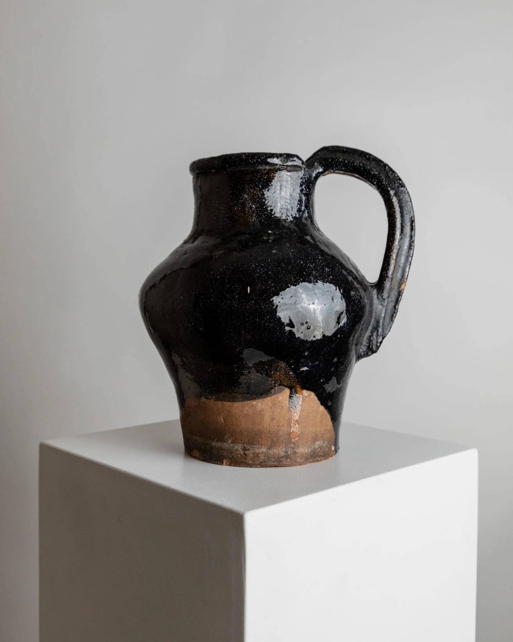 Rustic Terracotta Jug with Black Glaze from Lucca, Italy - 19th Century Country House Decor