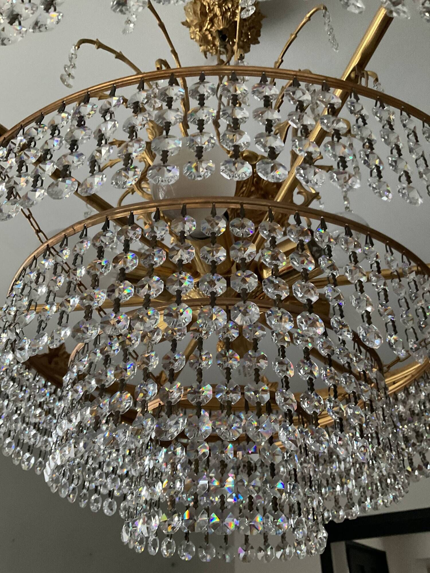 Old bronze waterfall chandelier with crystal tassels