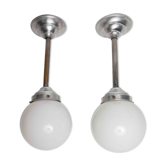 Pair of 1950 chrome and white opaline ball ceiling lights