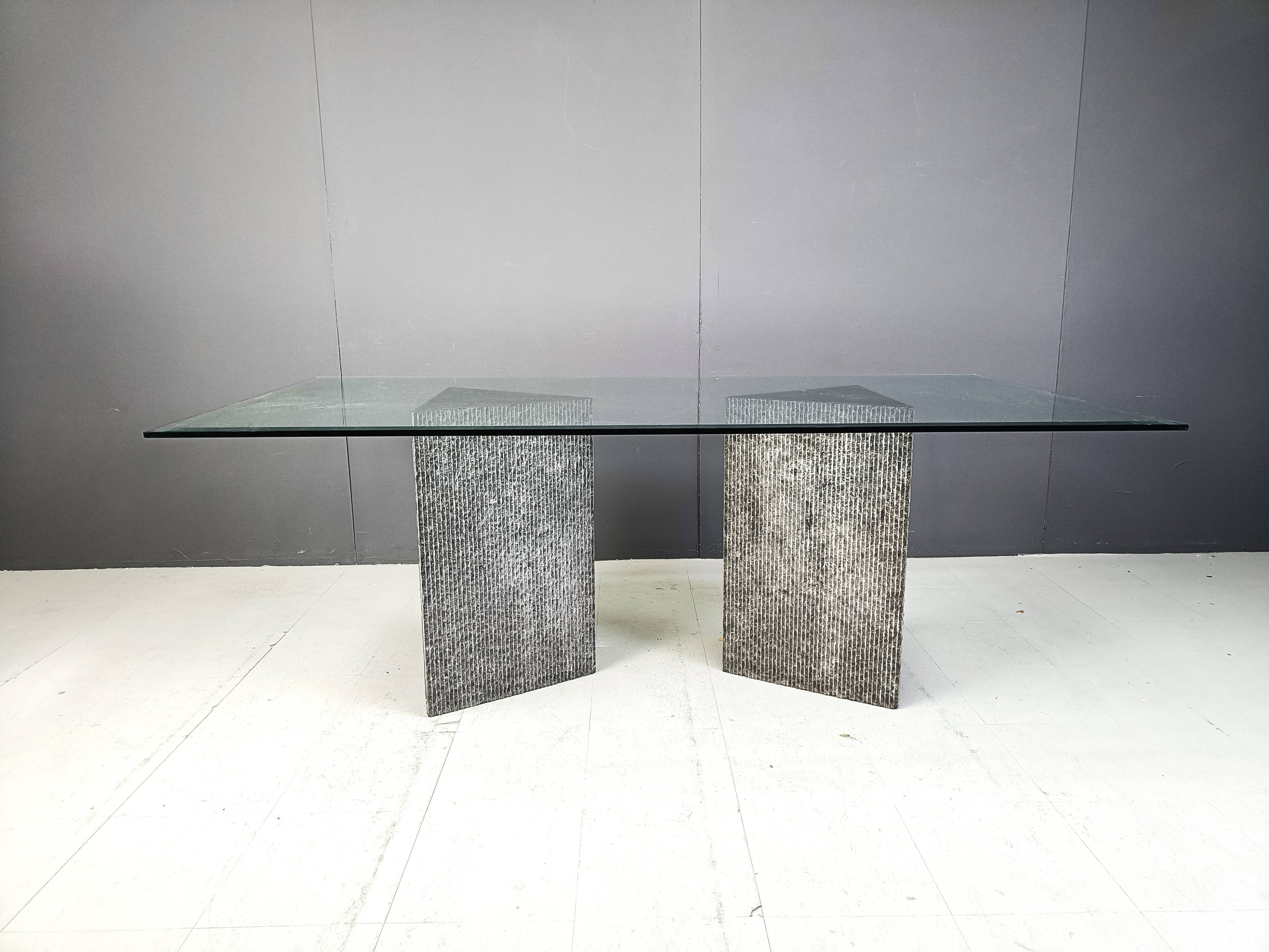 Vintage brutalist glass and marble dining table, 1970s