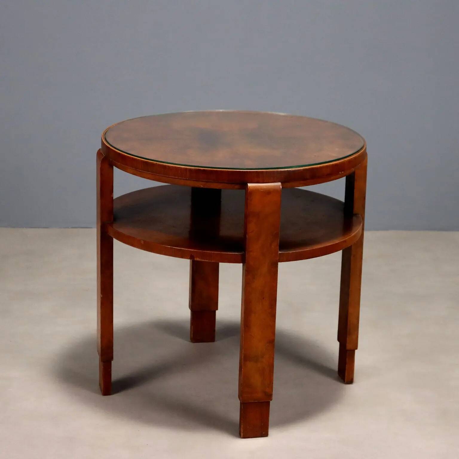 Table basse Art déco ancienne en noyer avec plateau en verre, Italie, XXe siècle