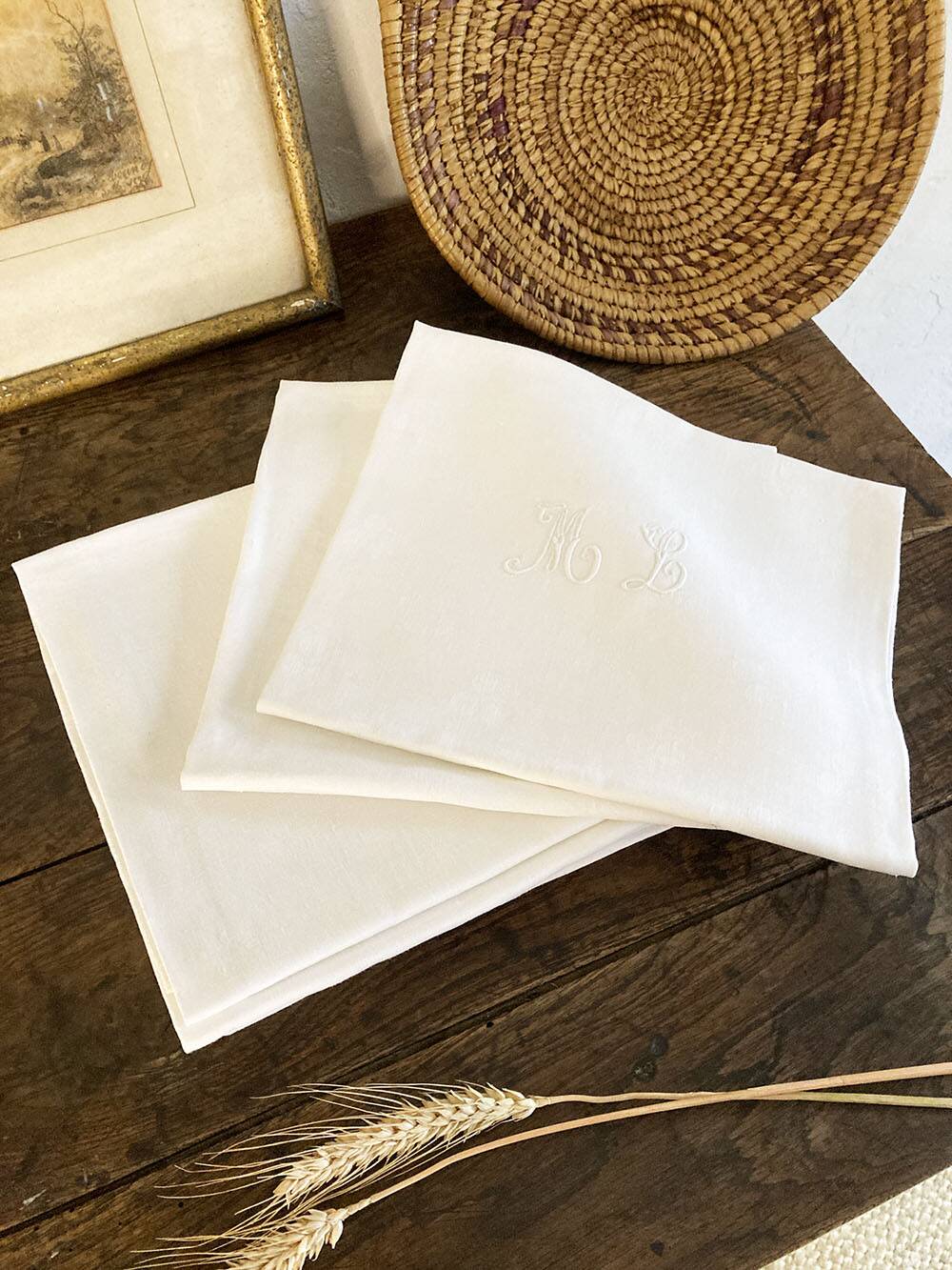 8 antique damask and monogrammed cotton/linen blend table napkins
