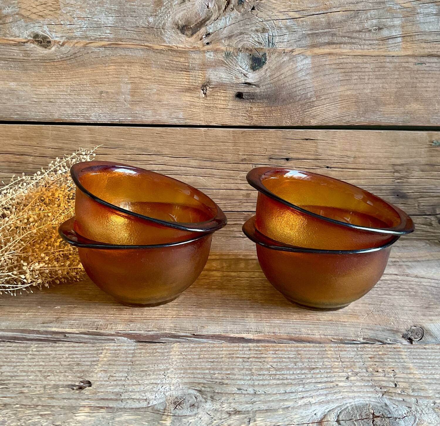4 amber glass ear bowls