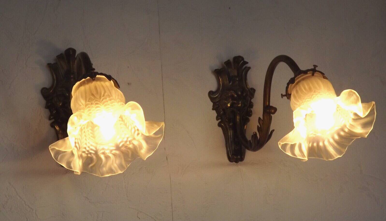 Pair French Antique Brass Greenman Single Wall Lights White Frilled Shade 4572