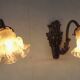 Pair French Antique Brass Greenman Single Wall Lights White Frilled Shade 4572