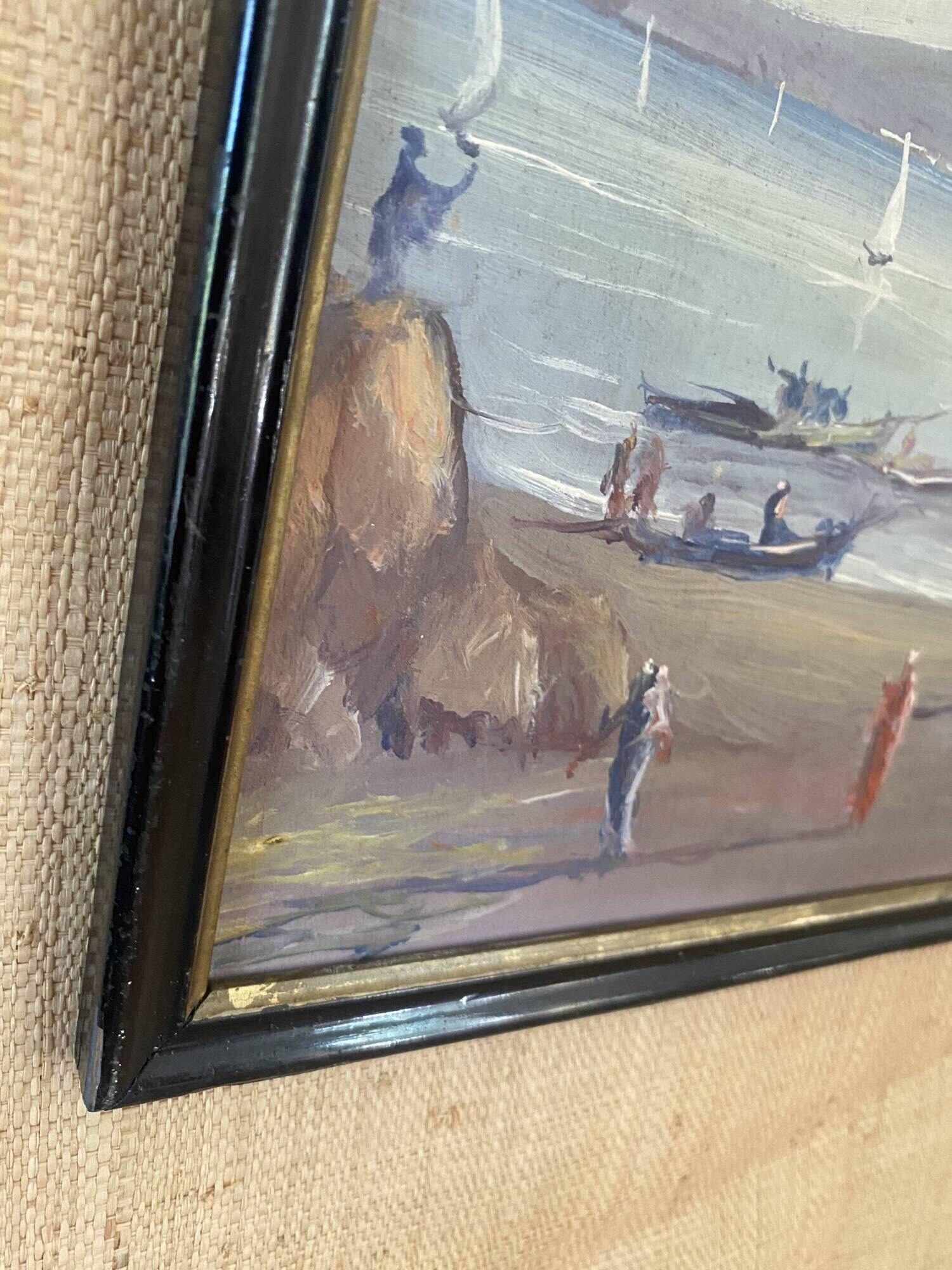 Oil painting "Fishermen of Sicily" 1960, Napoleon III frame